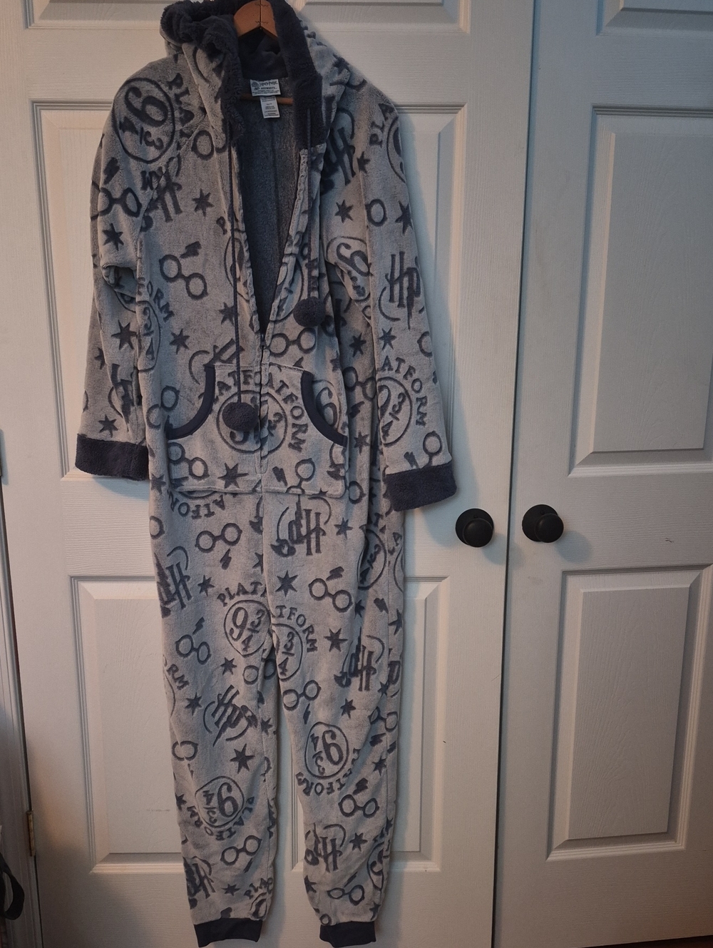 Plush Hooded Onesie Pajamas - Gray with Navy Accents